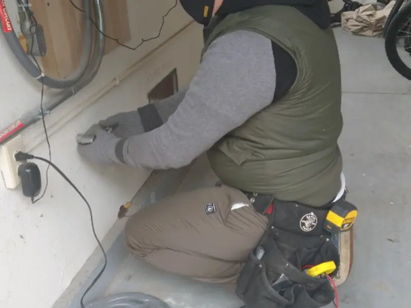 Electrician performing outlet wiring in a Pennsburg garage
